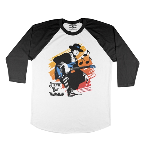 Stevie Ray Vaughan Texas Sunrise Baseball T-Shirt - raglanwhiteblacksleeve