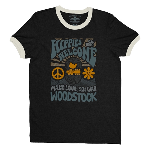 Hippies Welcome Love Woodstock Ringer T-Shirt - ringerblackcreamtrim