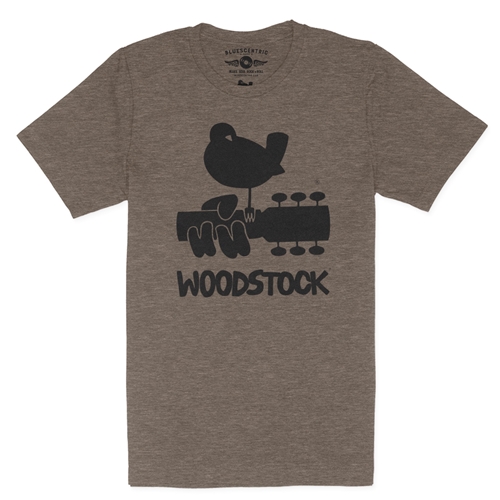 Woodstock Black Bird & Guitar Logo T-Shirt - Lightweight Vintage Style - vintageheatherbrown