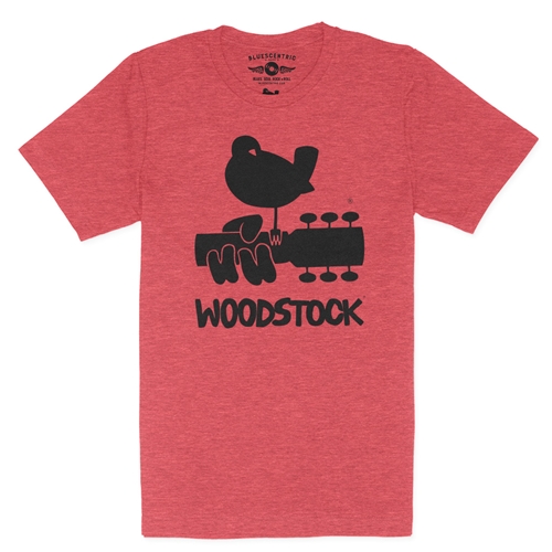 Woodstock Black Bird & Guitar Logo T-Shirt - Lightweight Vintage Style - vintageheatherred