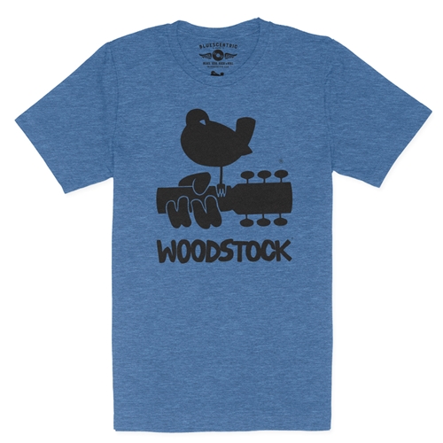 Woodstock Black Bird & Guitar Logo T-Shirt - Lightweight Vintage Style - vintageheatherroyalblue