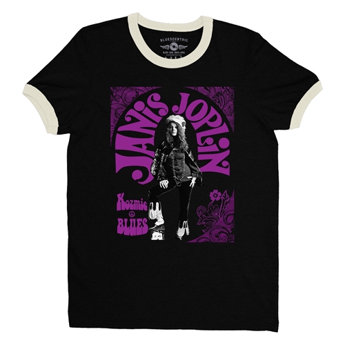 Janis Joplin Kozmic Blues Ringer T-Shirt - ringerblackcreamtrim
