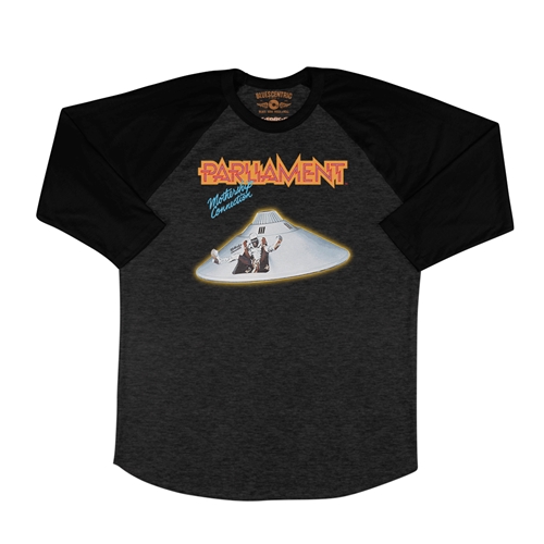 Parliament Mothership Connection Album Cover Baseball T-Shirt - raglanblackblacksleeve
