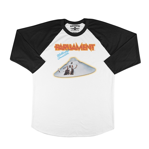 Parliament Mothership Connection Album Cover Baseball T-Shirt - raglanwhiteblacksleeve