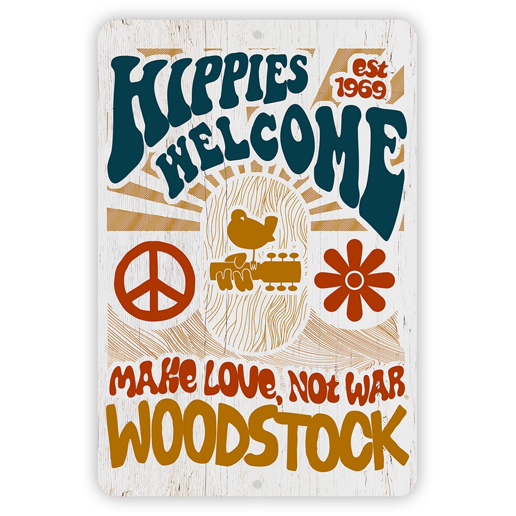 Hippies Welcome Love Woodstock Festival Aluminum Sign - 8 x 12 in